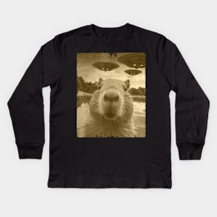 Funny Capybara Ufo Selfie Kids Long Sleeve T-Shirt